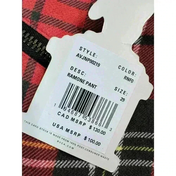 RVCA x Stella Maxwell NWT Women’s Ramone Pants Size 29 Red Plaid Punk Grunge Emo - Picture 6 of 16